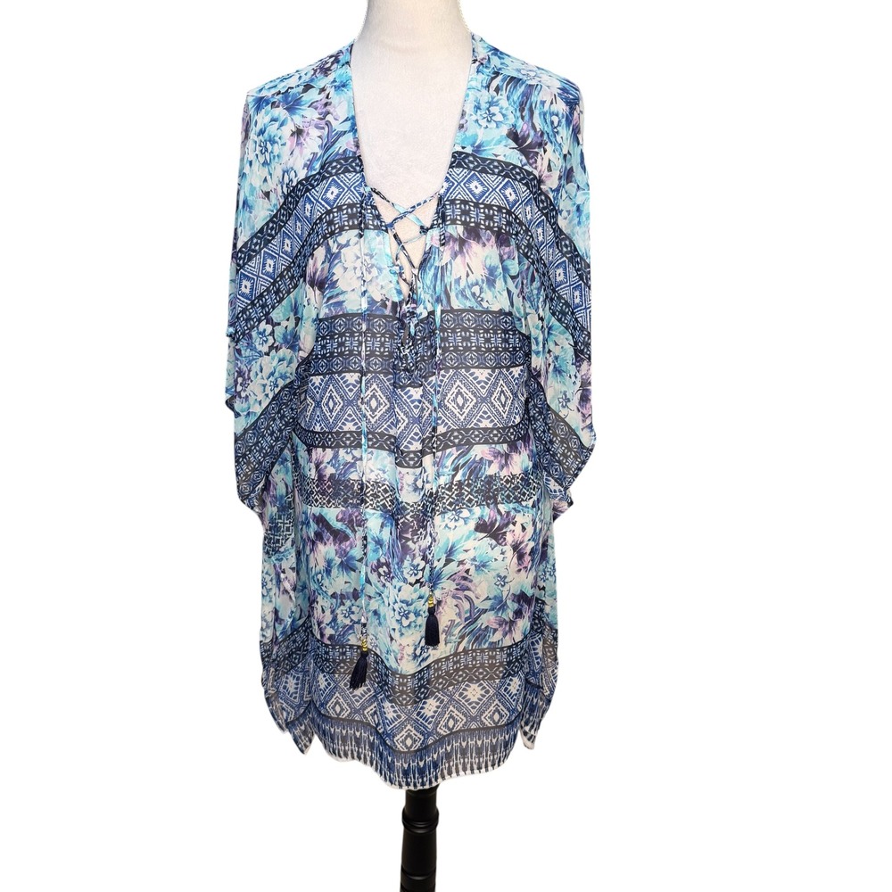 Tommy Bahama Blue Floral Geometric Lace Up Tassel Swim Cover Up L/XL TSW80414C